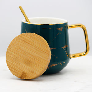 Marble Mug with Bamboo Lid and Gold Spoon