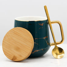 Load image into Gallery viewer, Marble Mug with Bamboo Lid and Gold Spoon