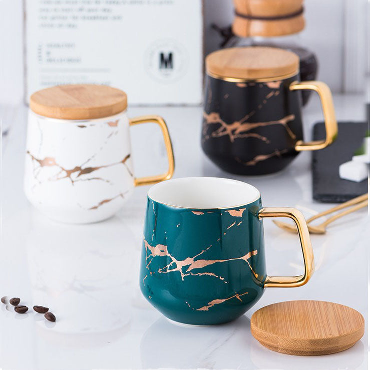Marble Mug with Bamboo Lid and Gold Spoon
